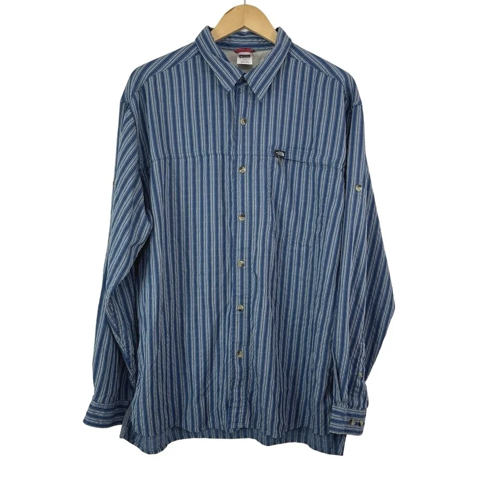 The North Face Button Up Shirt Mens XL Blue Striped Long Sleeve Pocket Camp Hike